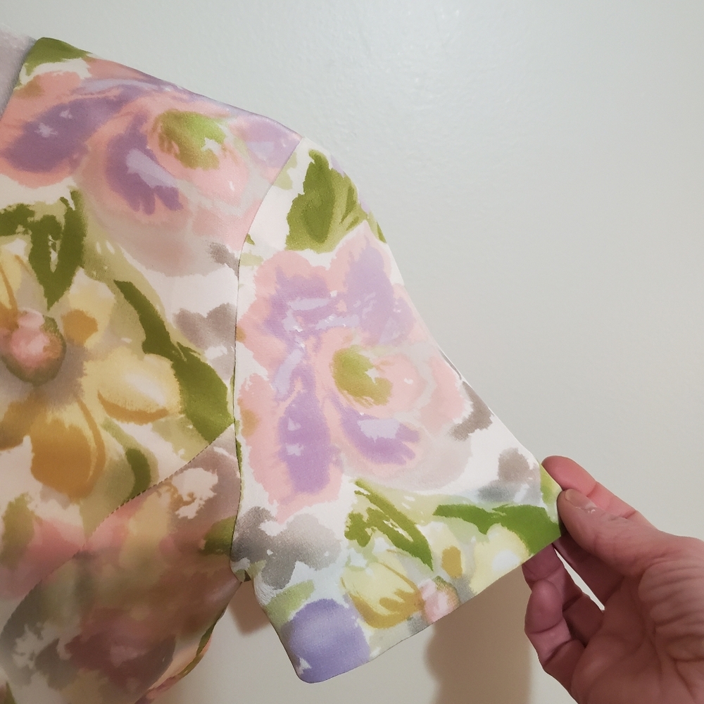 Maggy London Vtg 80s silk pastel floral watercolor square neck sheath dress 6 - Picture 6 of 12